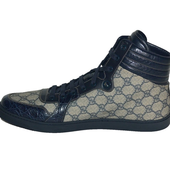 NIB GUCCI GG SUPREME CANVAS MENS HITOP CROCODILE LEATHER TRIM SNEAKERS - Picture 6 of 10